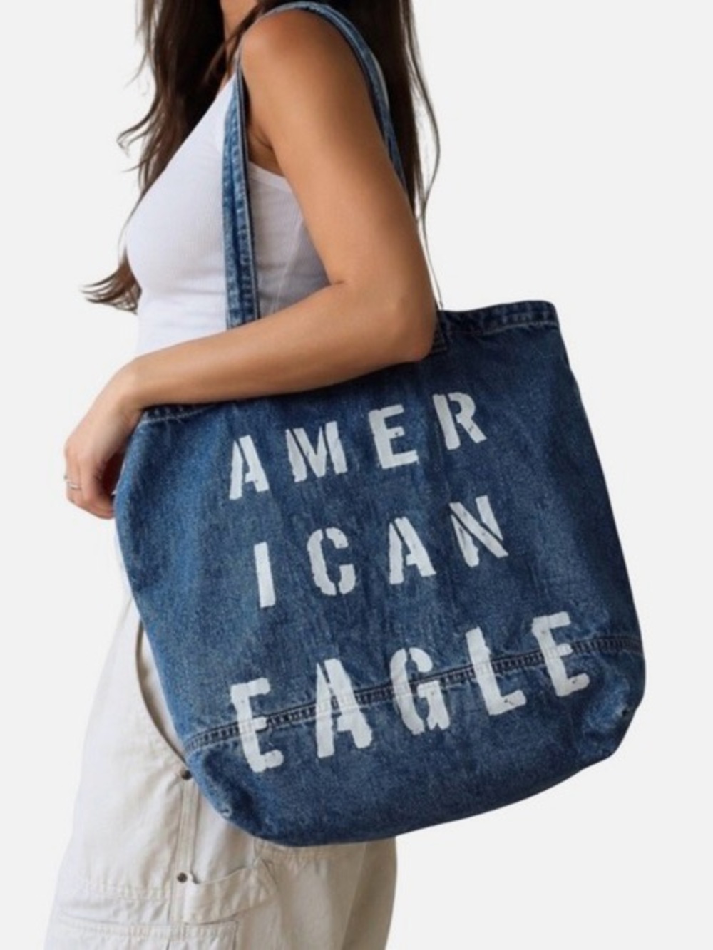 American Eagle Outfitters Dark Blue Denim Tote with White Logo